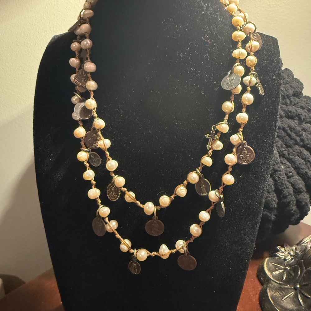 Beautiful and Unique Pearl Necklace with Religious Charms